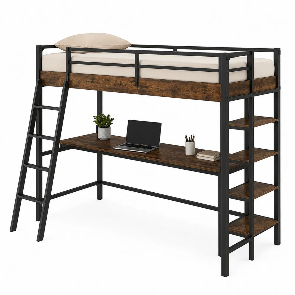 Metal Loft Bed with Wood Shelves and Desk Black/Brown 77in x 37in x 67in