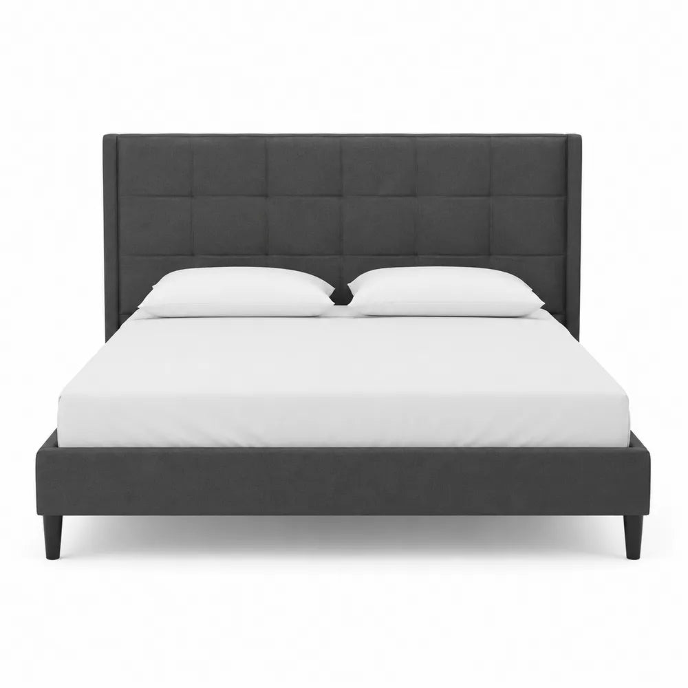 King Upholstered Bed Frame with Squared Headboard Dark Gray
