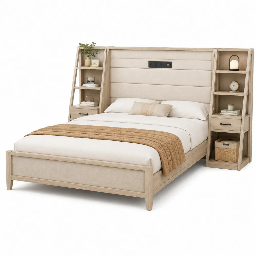 Wooden Queen Bed with Polyester Upholstered Headboard and Storage Shelves Beige