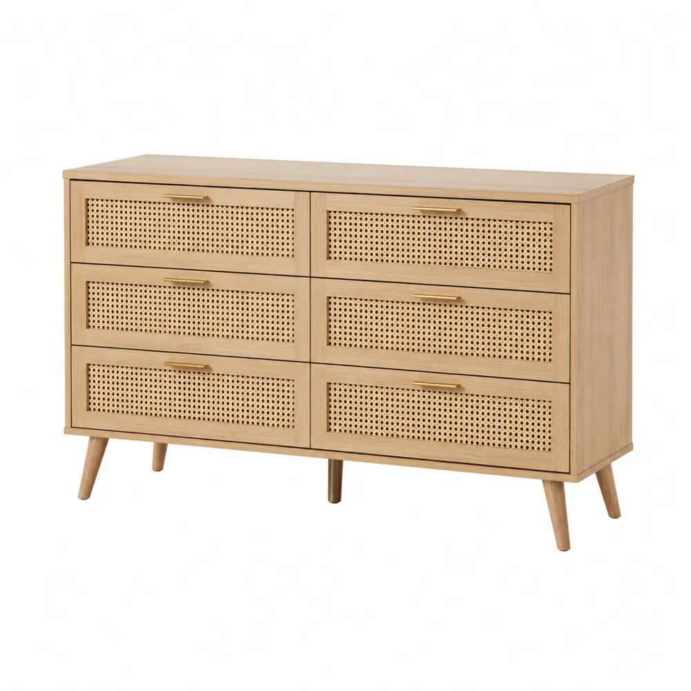 Wooden Dresser with Six Rattan Front Drawers