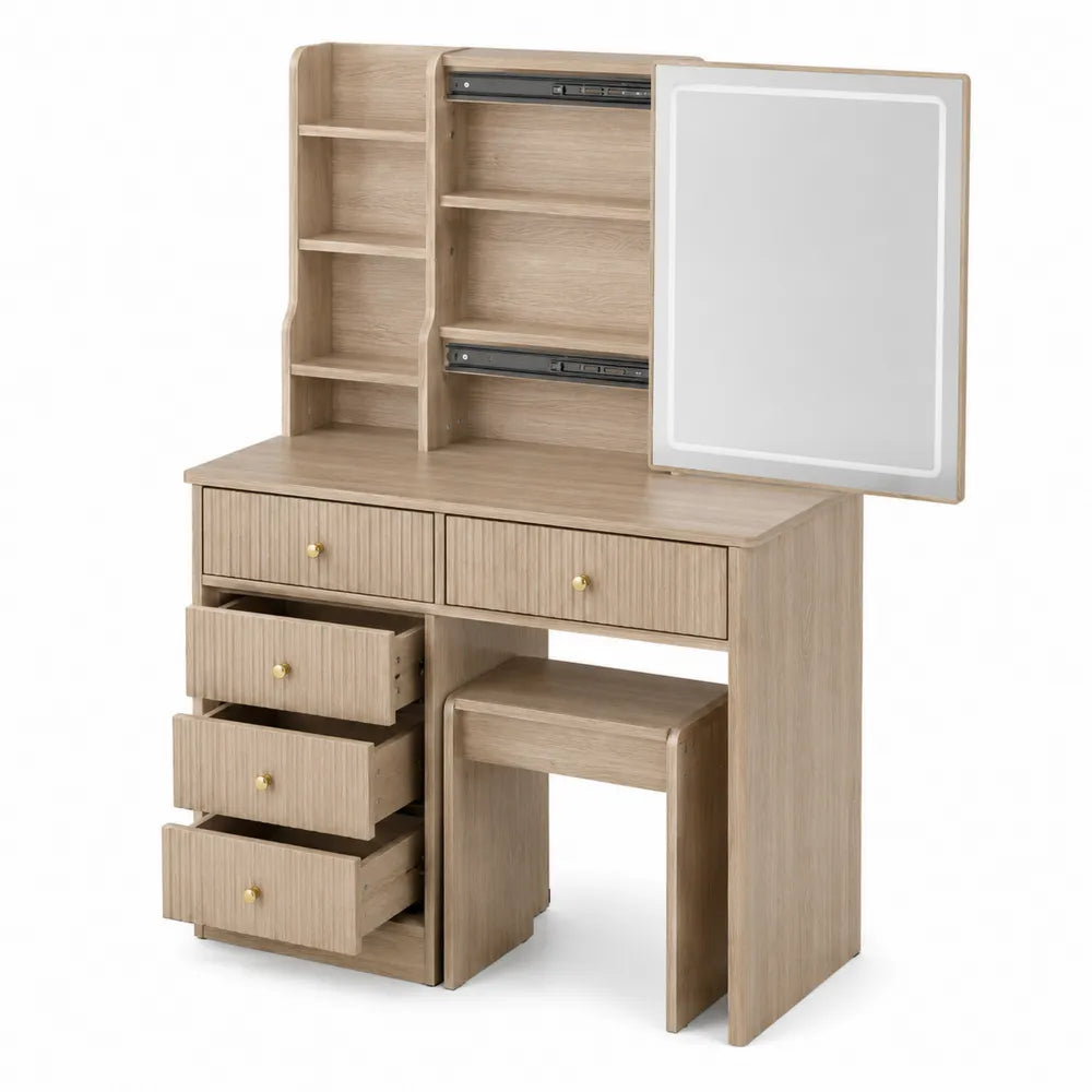 Oak Wood Vanity Set with Mirror and Drawers Light Oak 120cm x 45cm x 140cm