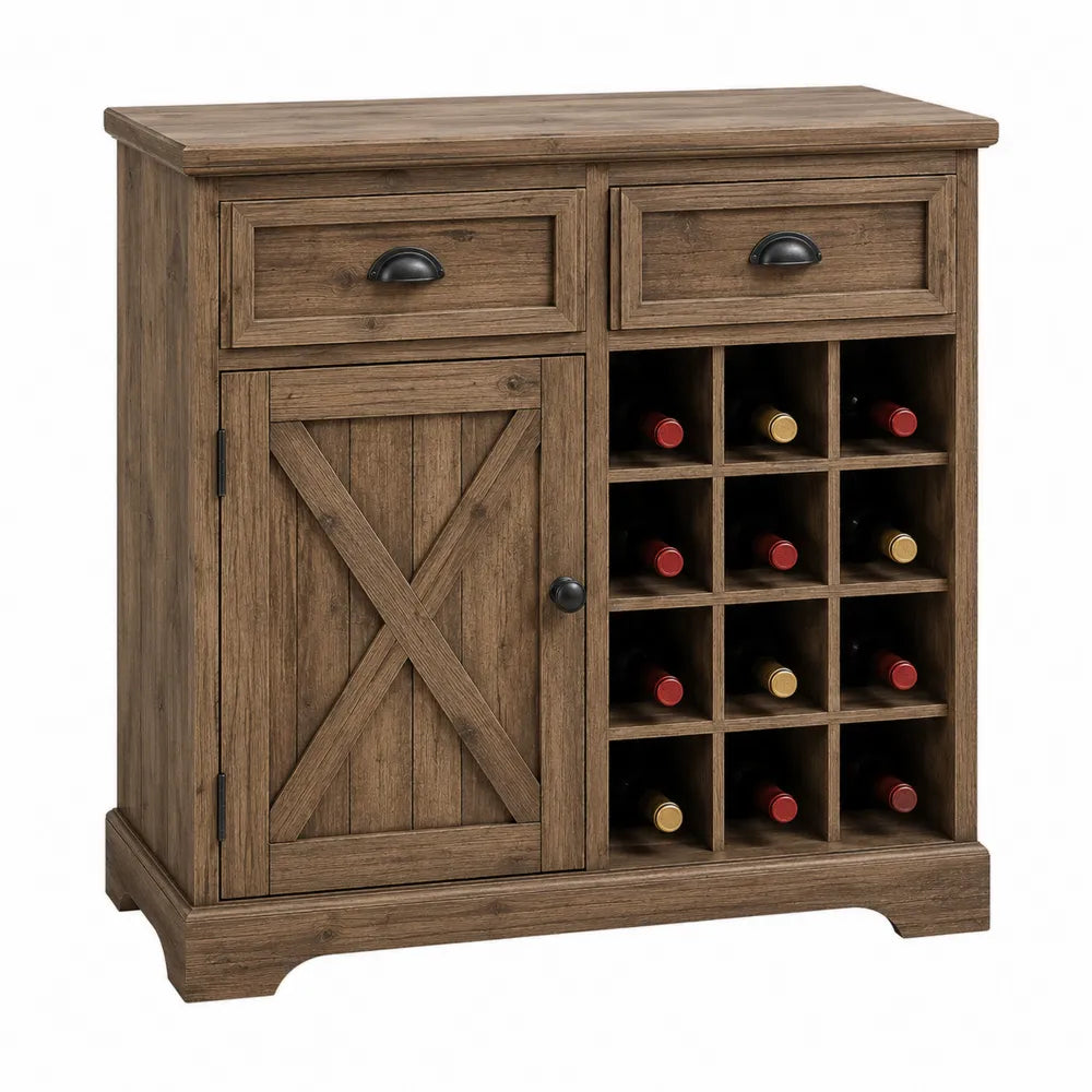 Wooden Wine Rack Cabinet with Drawers and Shelves 32x15x36 inch Brown