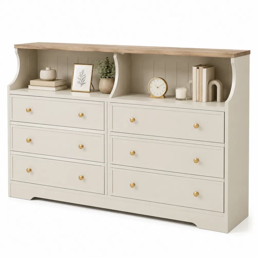 Six-Drawer MDF Dresser with Oak Veneer Top