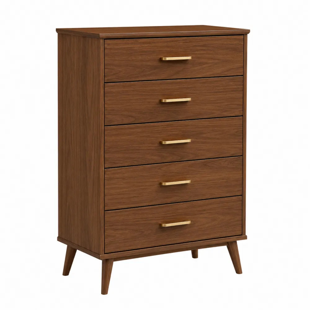 Wood 5-Drawer Chest with Brass Handles Brown