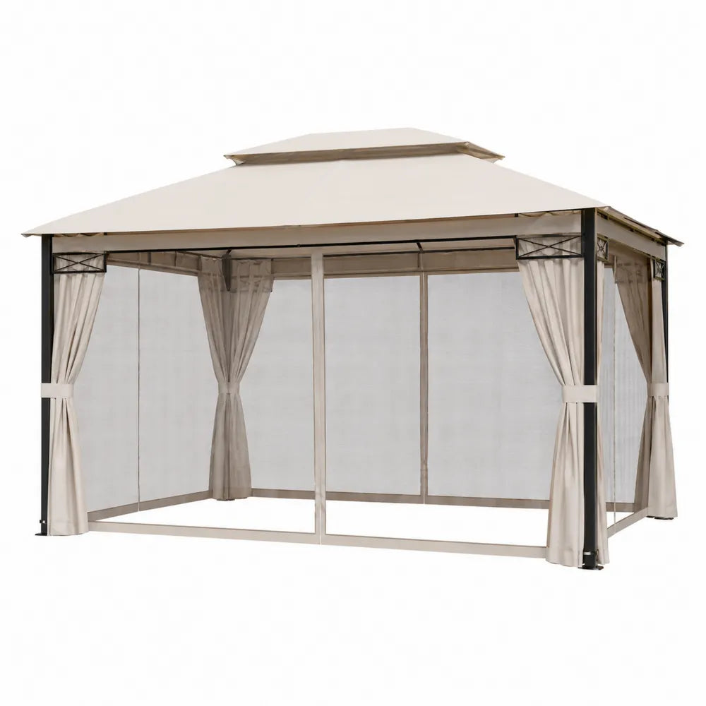 Rectangular Steel Frame Polyester Gazebo with Mesh Curtains, Beige, 3m x 4m