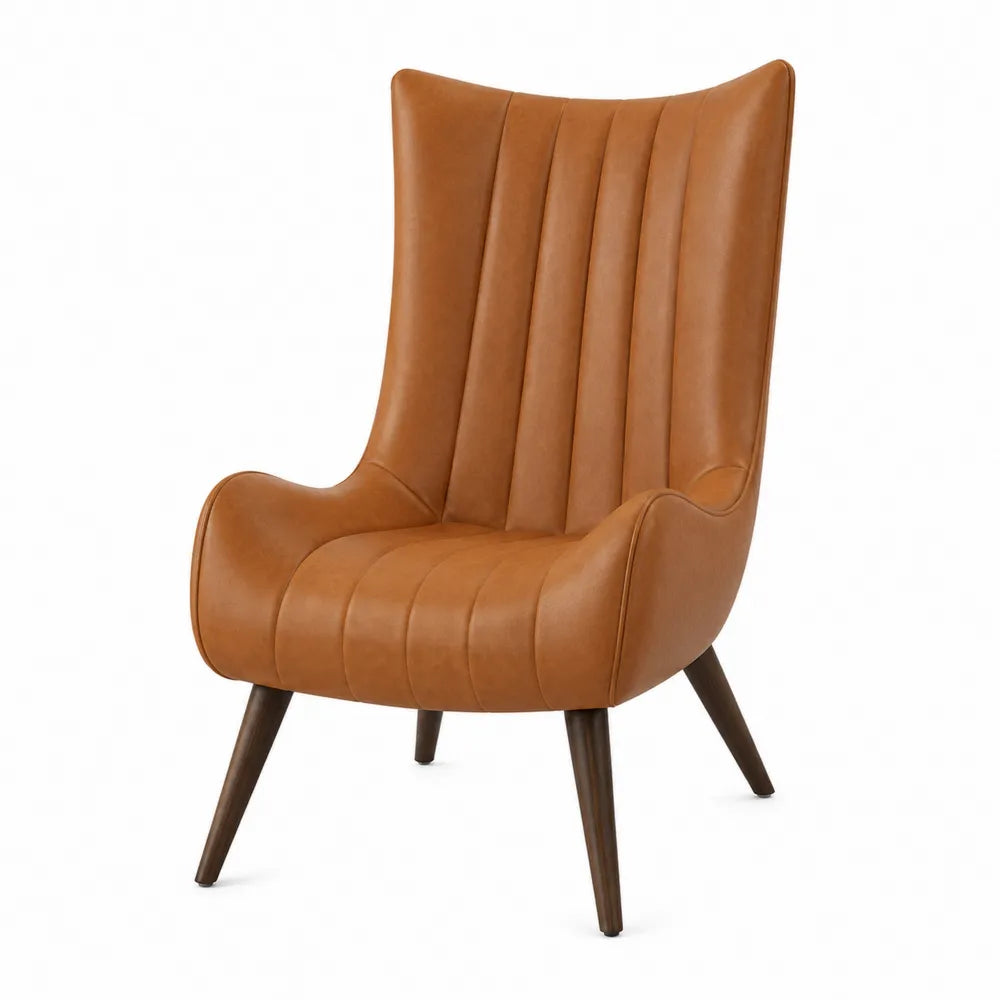 High-Back PU Leather Chair with Wood Legs in Tan