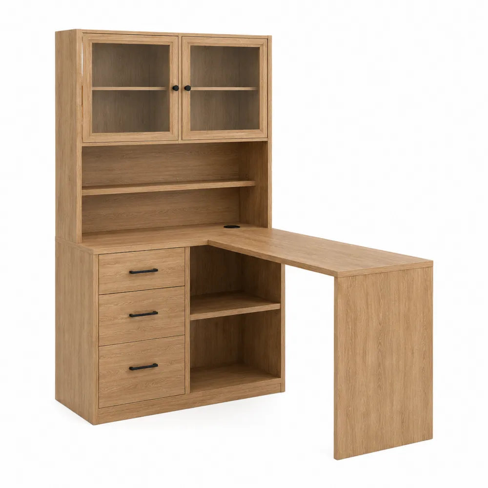 L-Shaped Wood Desk with Hutch and Drawers in Oak 150cm x 120cm x 75cm