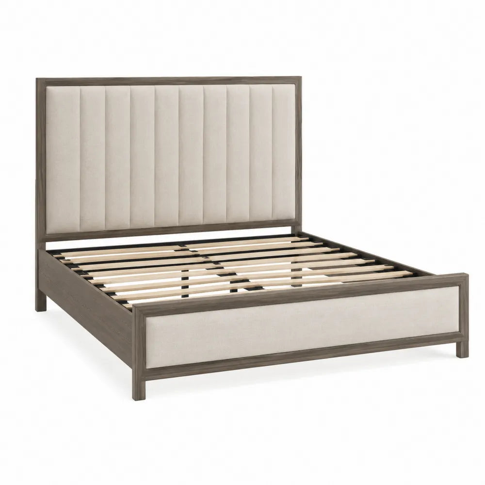Queen Size Upholstered Panel Bed with Wood Frame and Beige Fabric