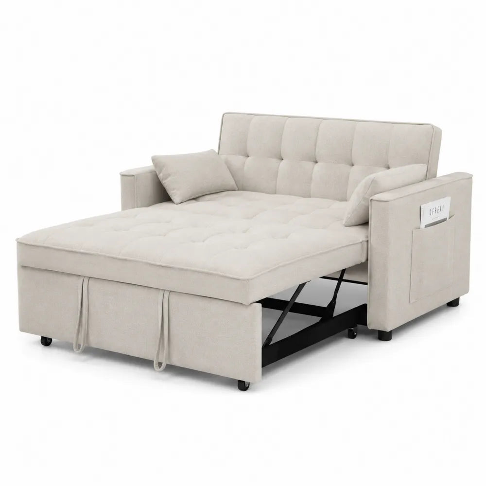 Convertible Sleeper Sofa Bed Linen Fabric Beige with Storage 86cm x 170cm x 80cm
