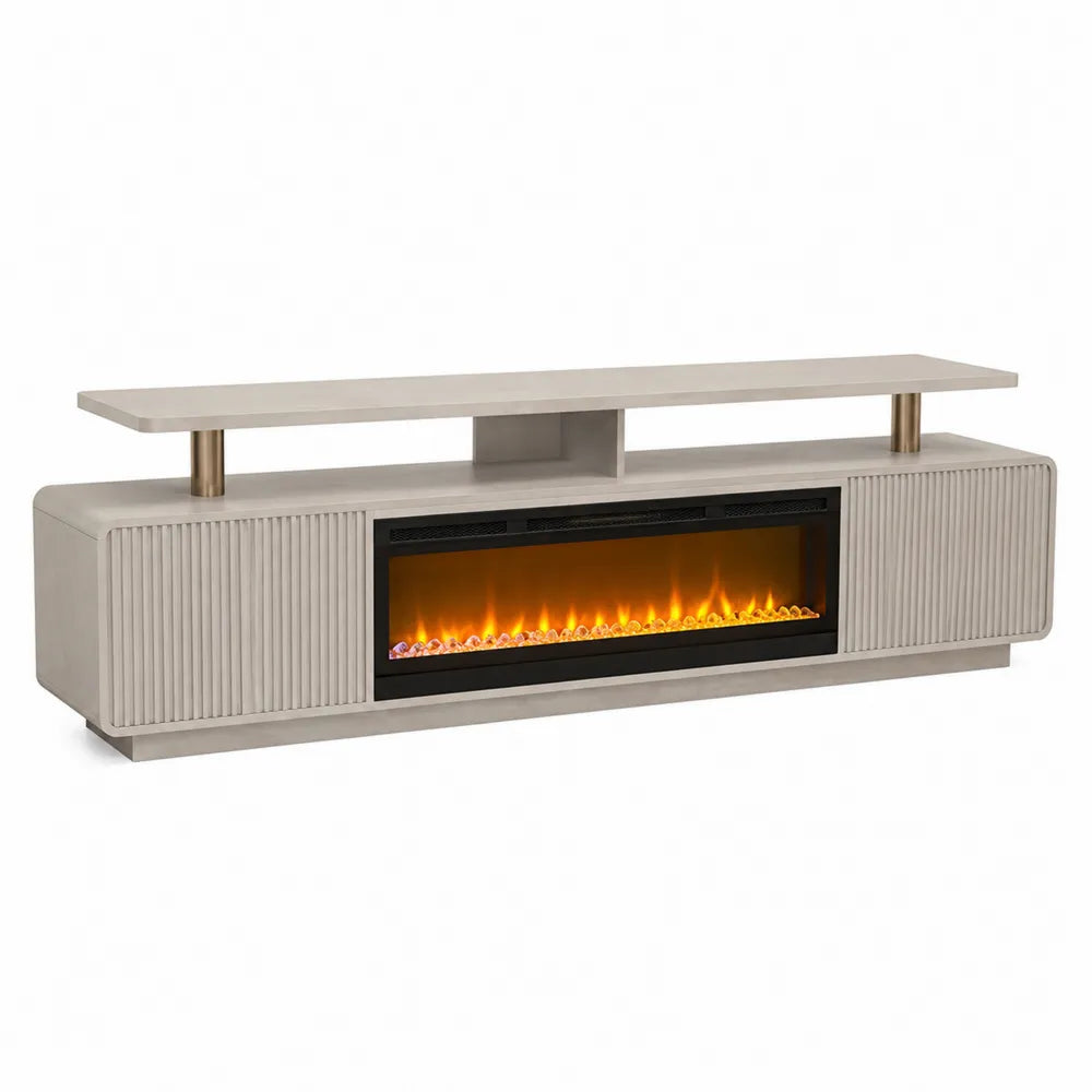 Beige MDF TV Stand with Electric Fireplace and Shelves