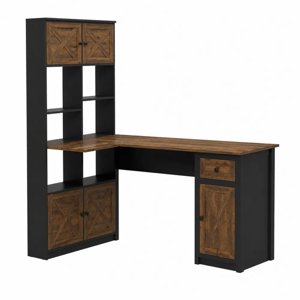 L-Shaped Desk with Hutch Black and Brown Wood