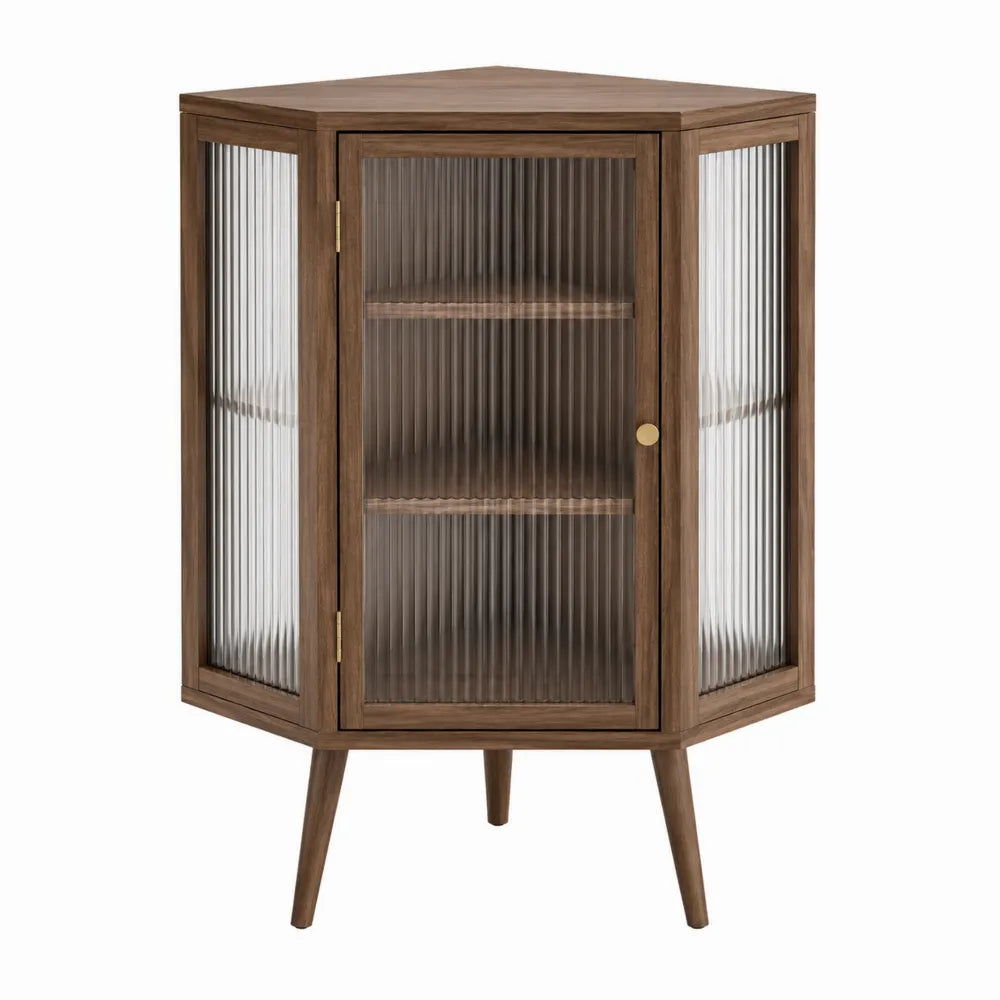 Corner Wooden Cabinet with Ribbed Glass Doors Brown 80cm