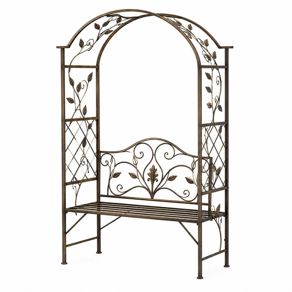 Outdoor Wrought Iron Arbor Bench with Decorative Arch and Scrollwork