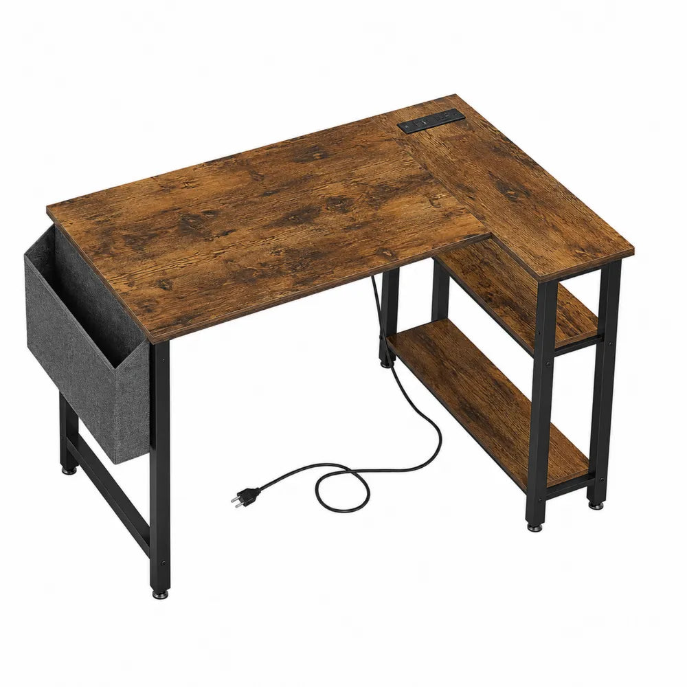 L-Shaped Wood and Metal Desk with Storage Shelves and Fabric Pocket 140cm x 120cm x 75cm