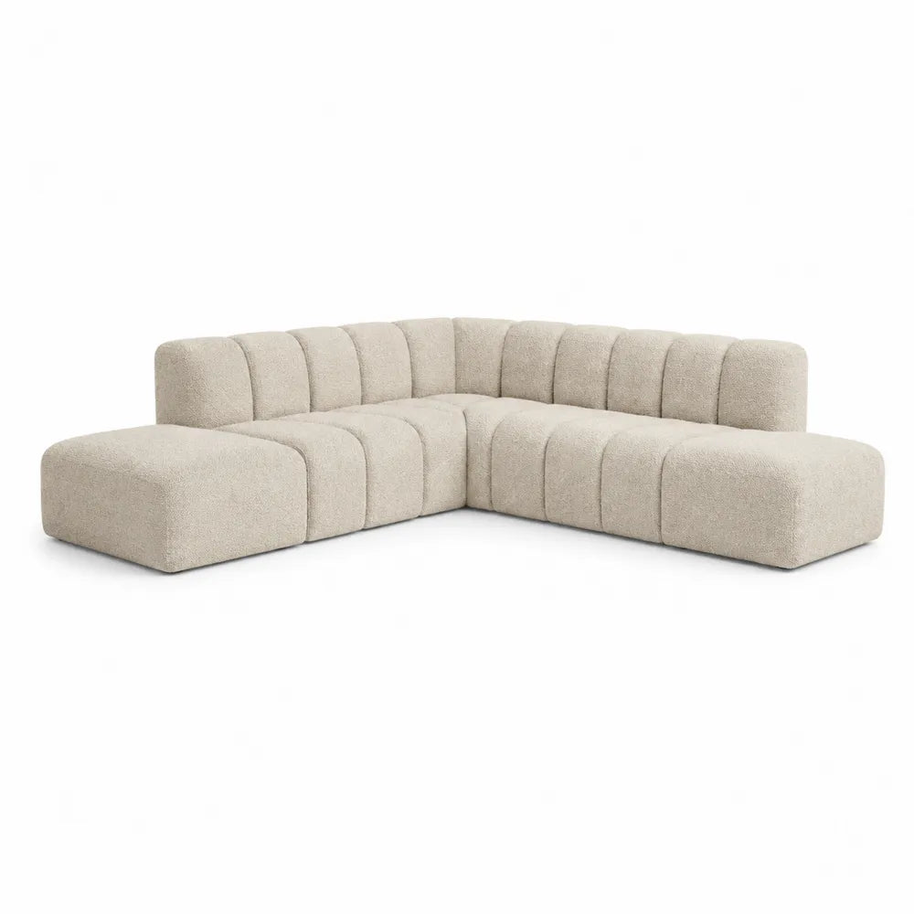 Corner Sectional Sofa Wooden Frame Bouclé Fabric Beige 300x200x75cm