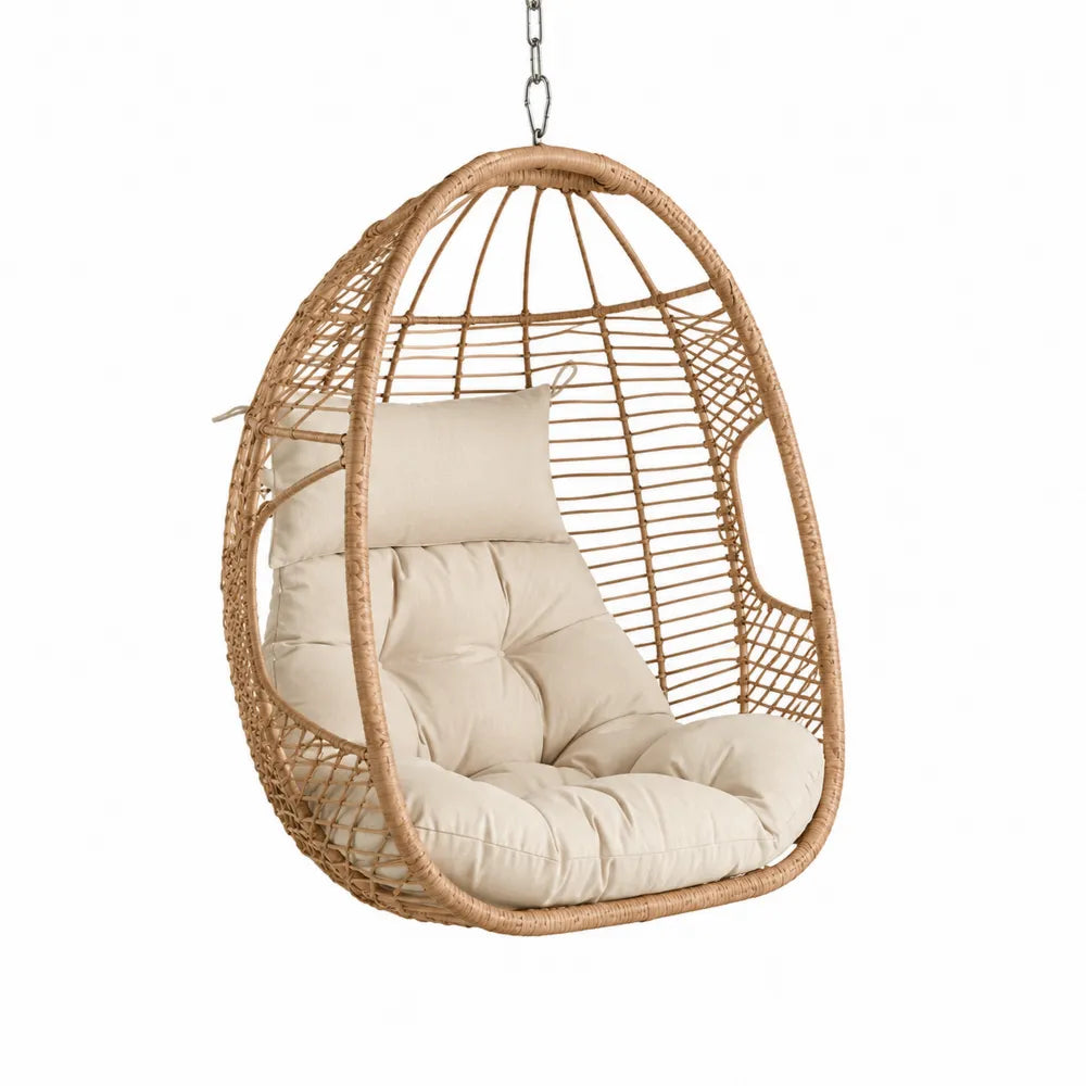 Rattan Hanging Egg Chair with Foam Cushion Beige