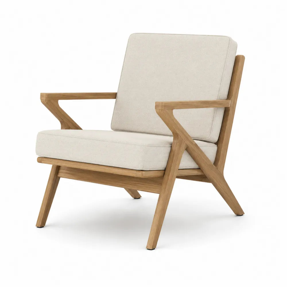 Oak Armchair with Beige Polyester Fabric Cushions