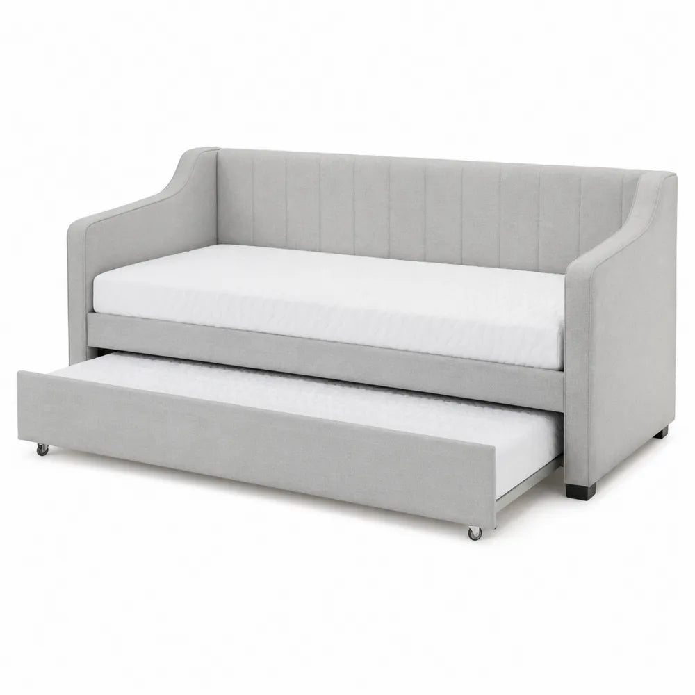 Grey Upholstered Trundle Daybed with Polyester Fabric