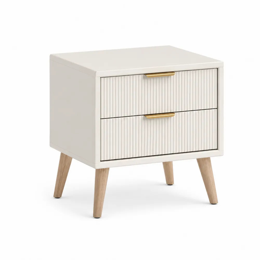 Beige MDF and Pine Wood Nightstand with Two Drawers