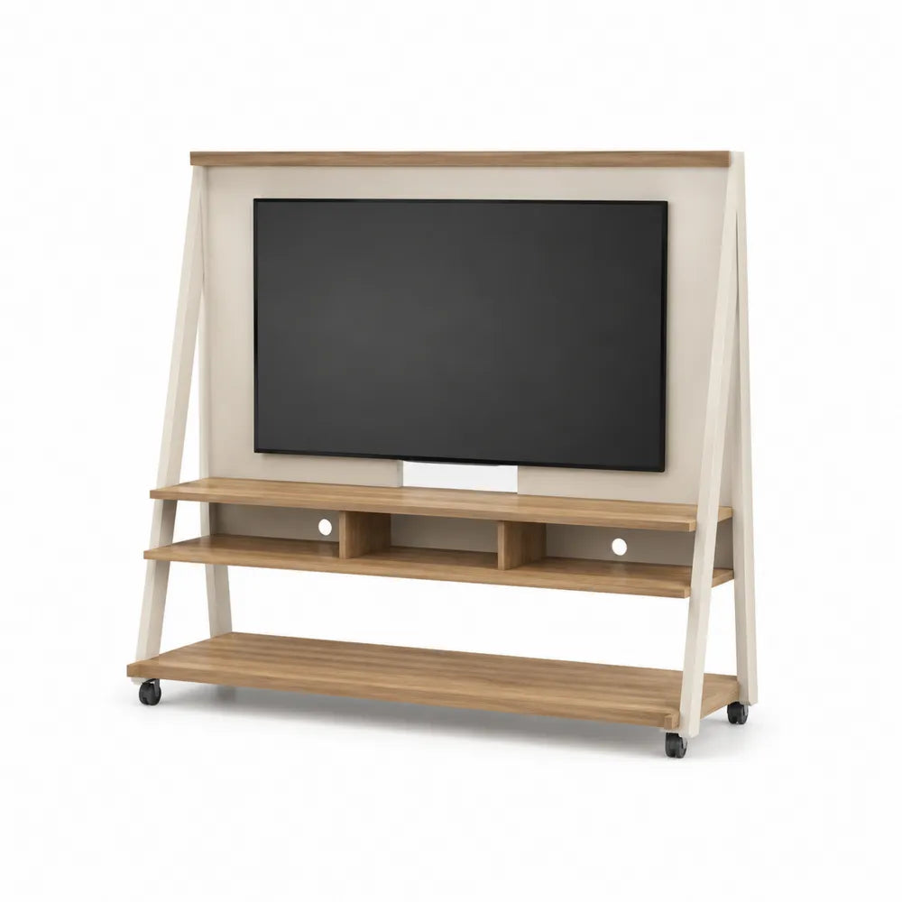 Wood and Metal TV Stand with Shelves and Wheels, Natural and White