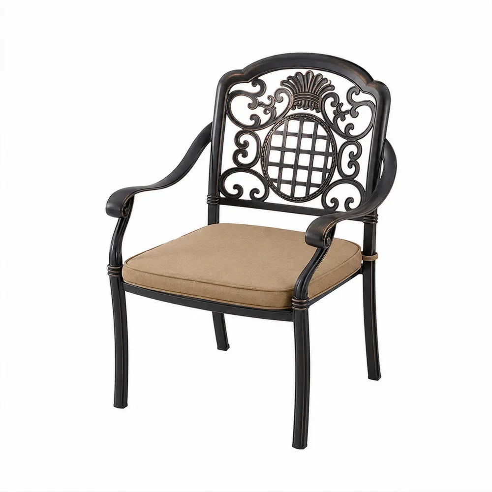 Cast Aluminum Outdoor Chair with Beige Cushion and Black Frame