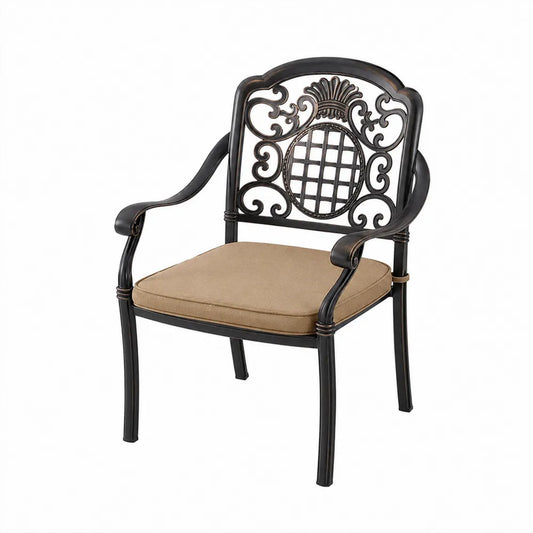 Cast Aluminum Outdoor Chair with Beige Cushion and Black Frame