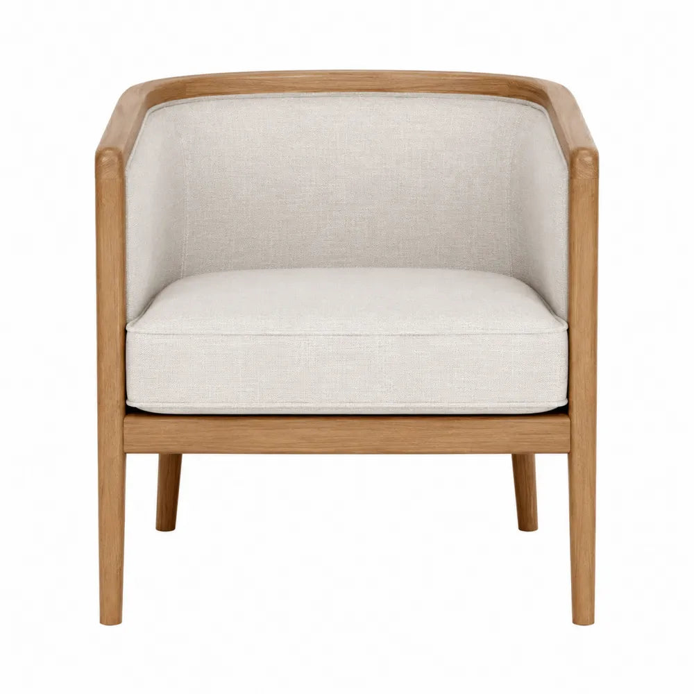 Beige Fabric Barrel Chair with Oak Frame