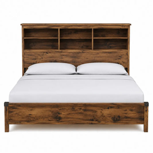 Wooden Queen Bed with Storage Headboard