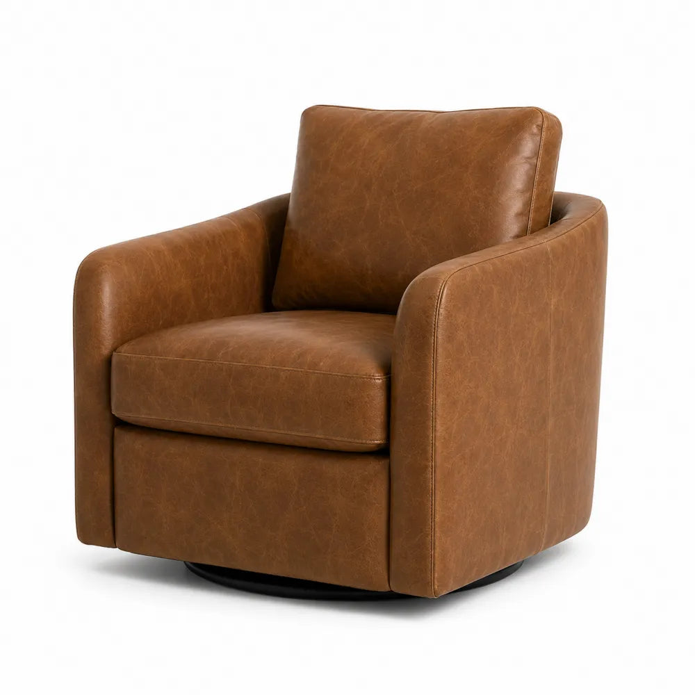Leather Swivel Armchair Brown 29.5in x 29.5in x 33.5in