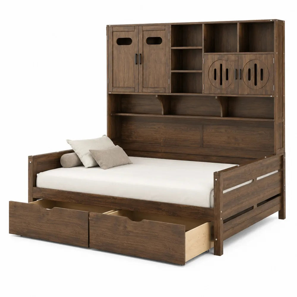 Wooden Daybed with Drawers and Shelves 200cm x 100cm Brown
