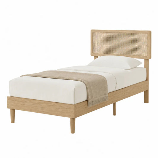 Wooden Bed with Rattan Headboard Natural Oak 200cm x 100cm