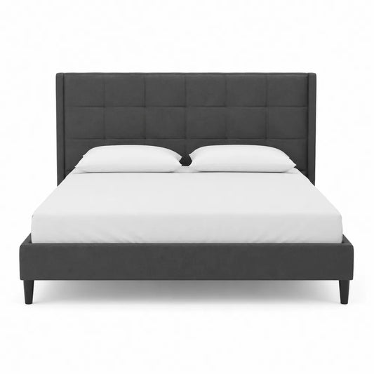 King Upholstered Bed Frame with Squared Headboard Dark Gray