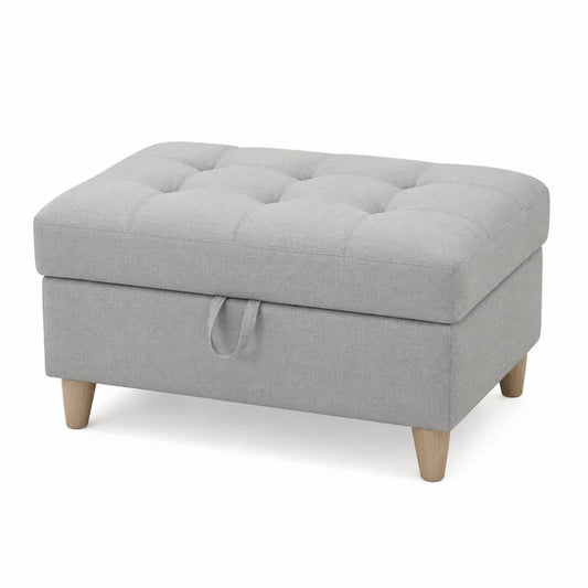Rectangular Polyester Upholstered Storage Ottoman with Wood Legs Light Gray 80cm x 40cm x 45cm