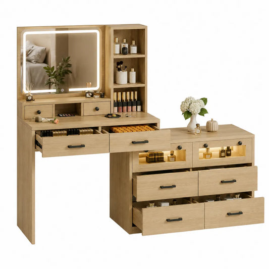 Oak Wooden Vanity Set with LED Lighted Mirror and Storage