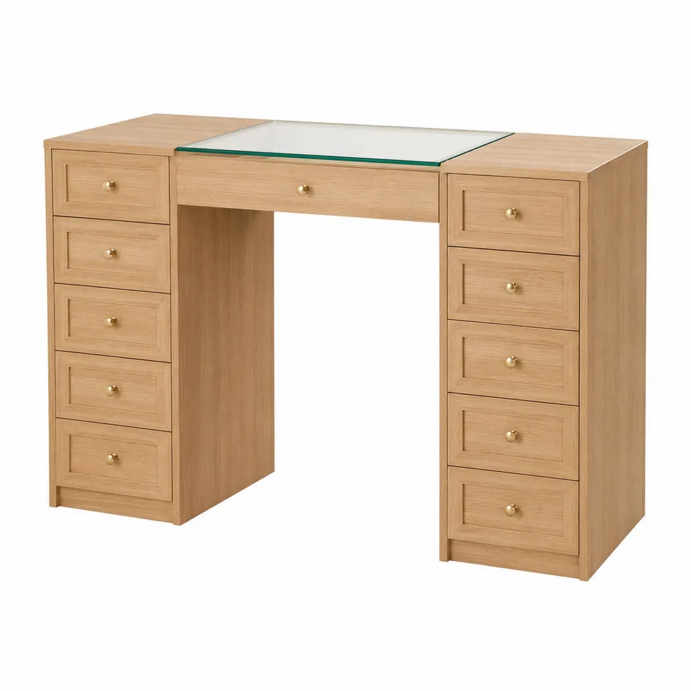 Wood Vanity Table with Tempered Glass Top and Multiple Drawers - Natural Finish