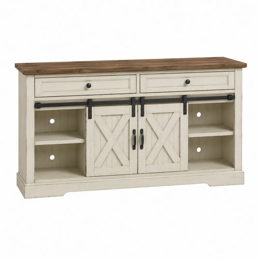 Wood TV Stand with Sliding Barn Doors White 152cm