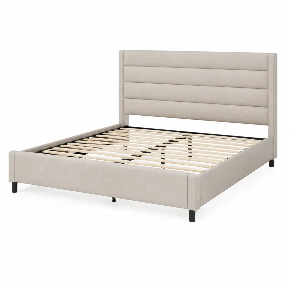 Queen Platform Bed Upholstered Linen Beige 203cm x 152cm
