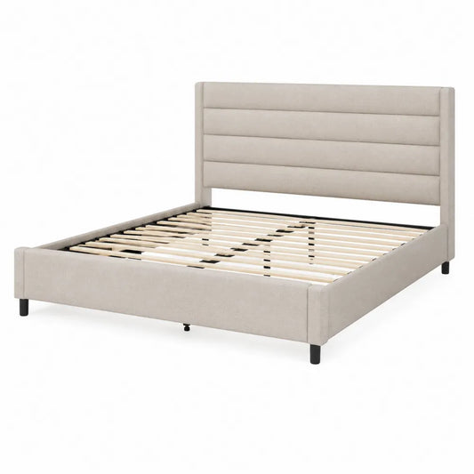 Queen Platform Bed Upholstered Linen Beige 203cm x 152cm