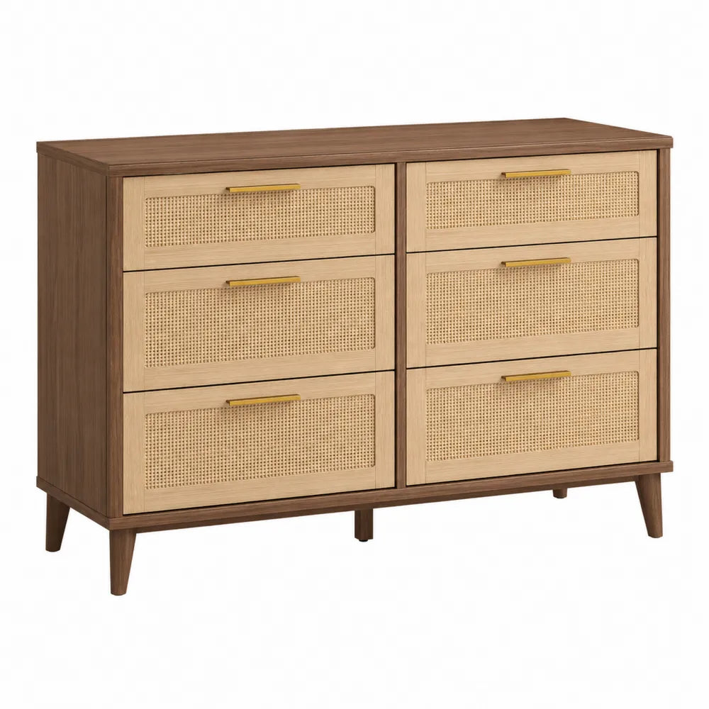 Wood Dresser with Six Cane Drawer Fronts and Walnut Finish