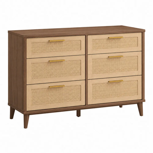 Wood Dresser with Six Cane Drawer Fronts and Walnut Finish