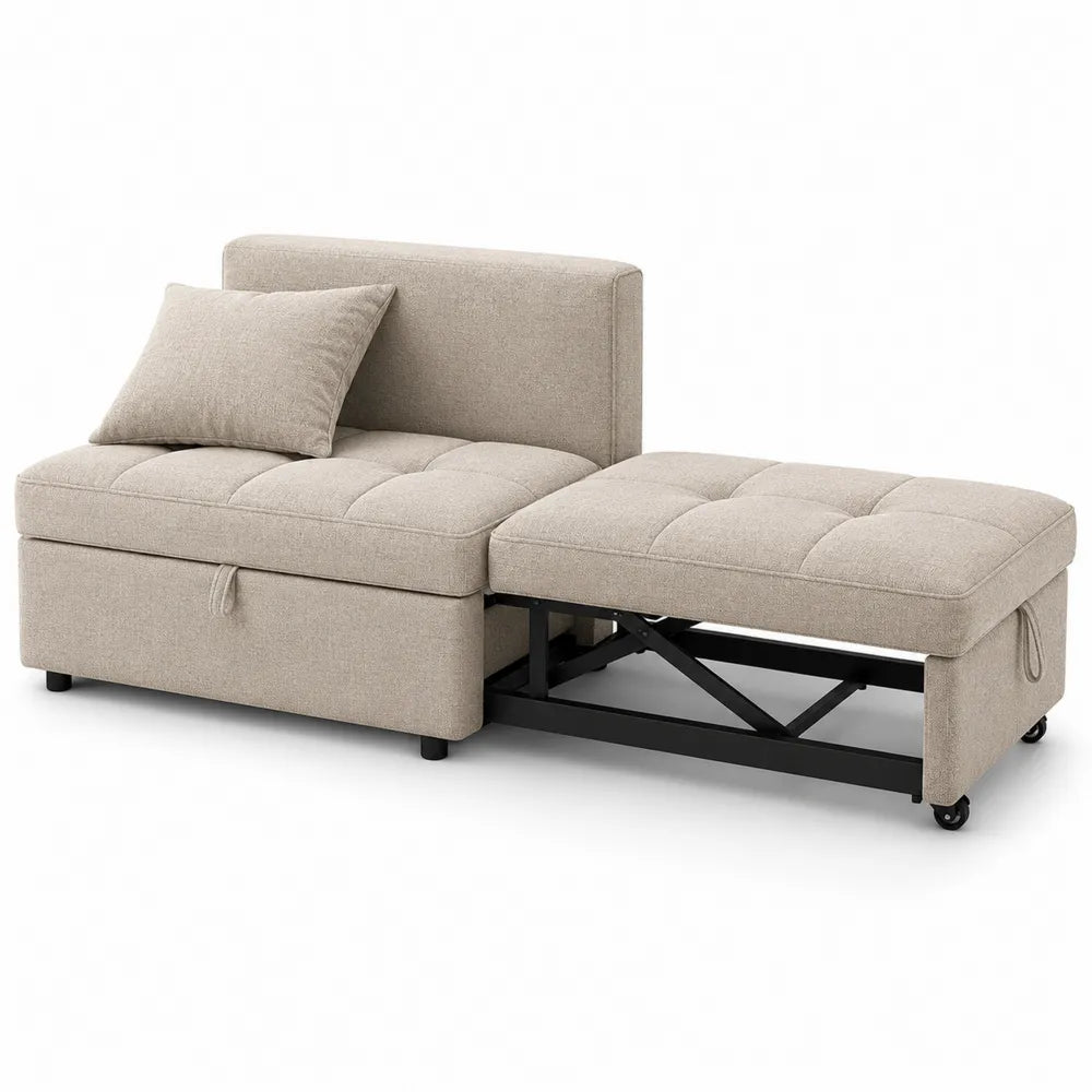 Linen Convertible Sofa Bed with Storage Beige