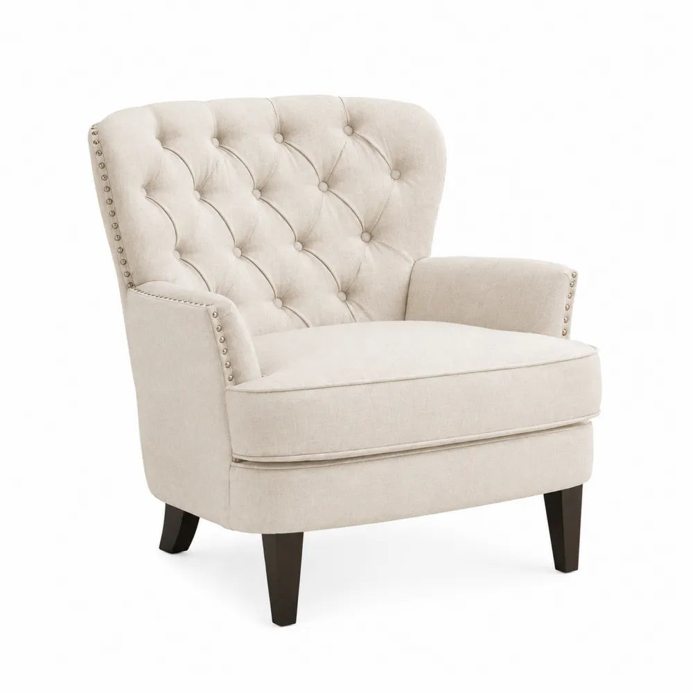 Beige Linen Upholstered Tufted Accent Chair with Wood Legs