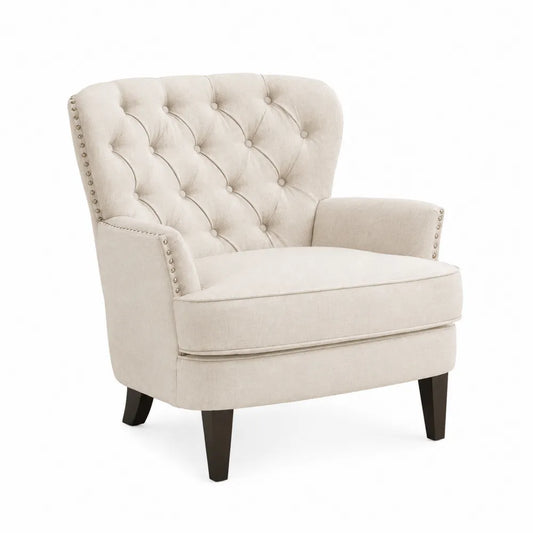 Beige Linen Upholstered Tufted Accent Chair with Wood Legs