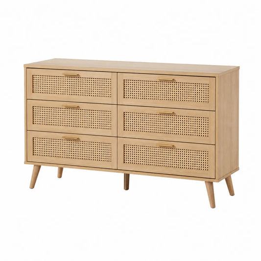 Wooden Dresser with Six Rattan Front Drawers