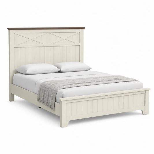 Queen Size Wood Bed Frame with Headboard Cream/Brown