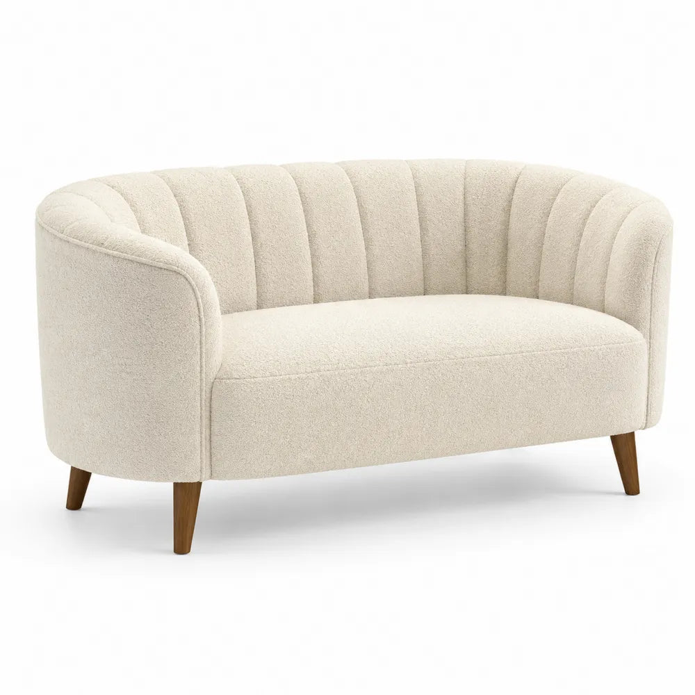 Beige Fabric Curved Loveseat Sofa with Wooden Legs