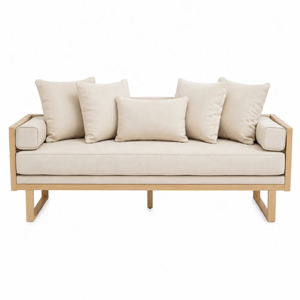 Oak Wood Frame Sofa with Beige Polyester Cushions 180cm