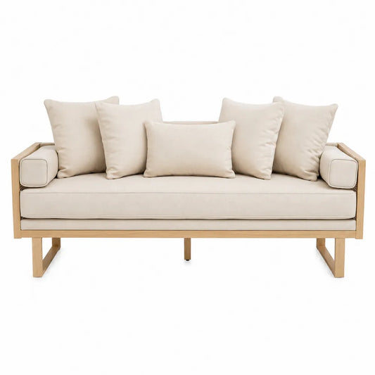 Oak Wood Frame Sofa with Beige Polyester Cushions 180cm