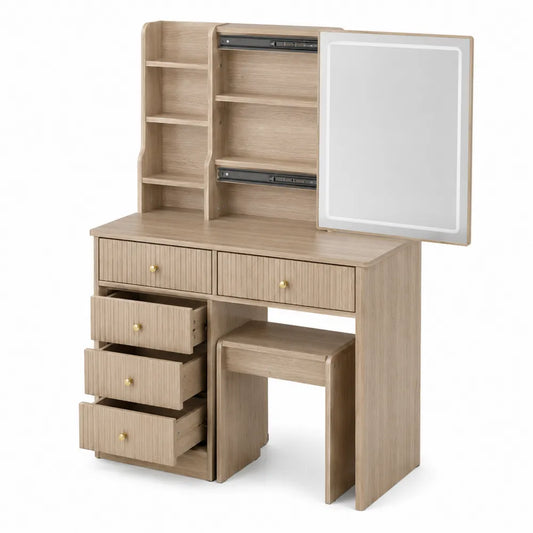 Oak Wood Vanity Set with Mirror and Drawers Light Oak 120cm x 45cm x 140cm