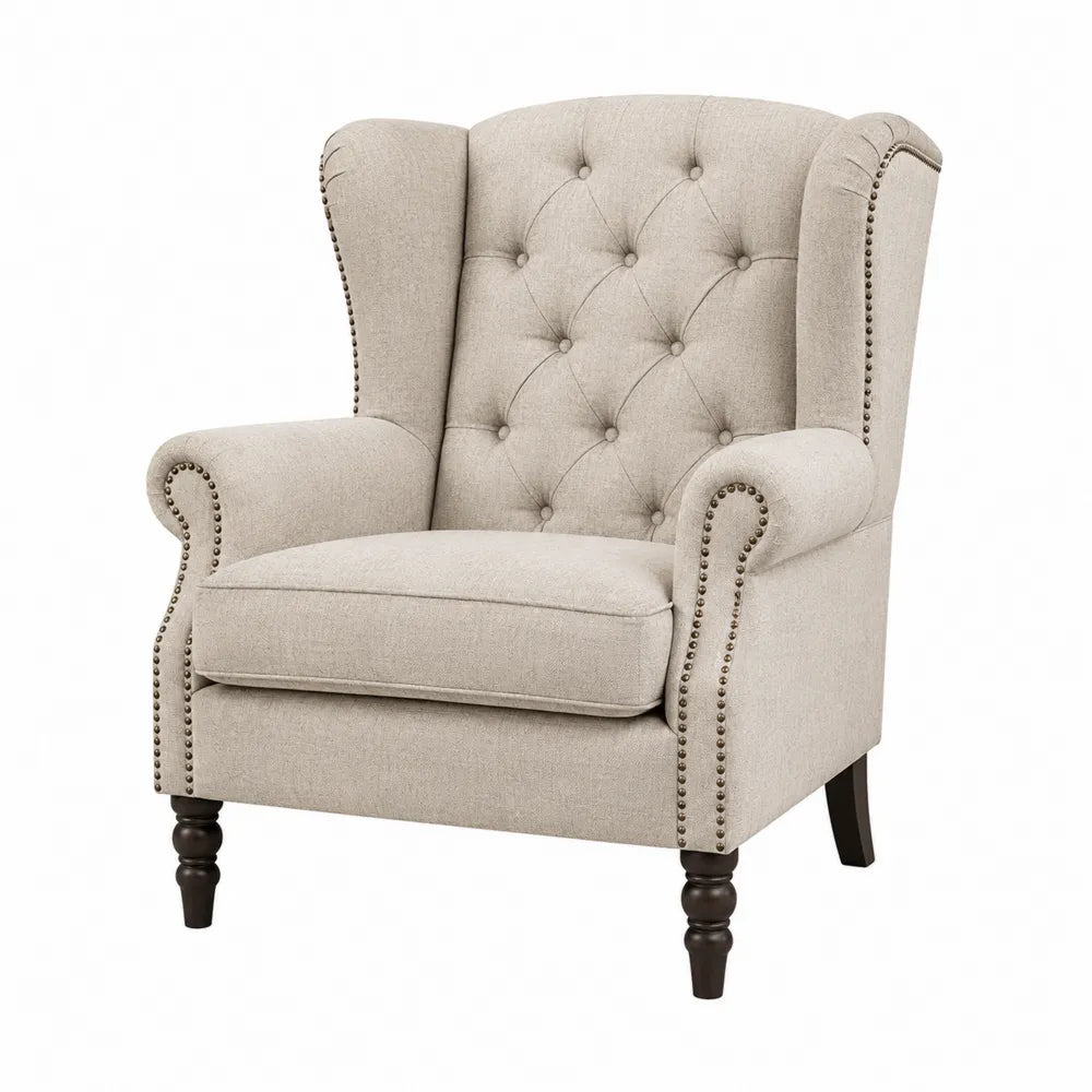 Beige Linen Upholstered Armchair with Nailhead Trim